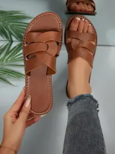 Women's Fashion Cross Strap Sandals, Plain Color, Open Toe, Slip-On Design, Flat Soft Sole, Suitable for Commuting, Casual, Beach