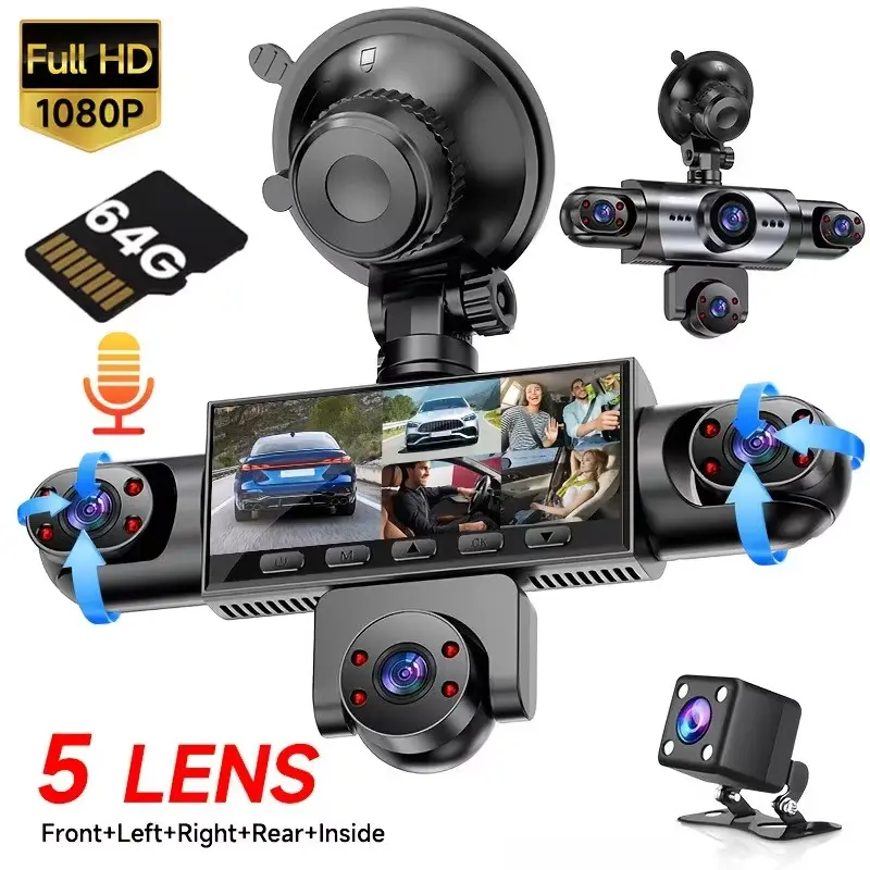 5-Channel  Full HD 1080P Car Dash Cam  with 64GB Memory Card,Requires charging to use,1080P Front + Rear+ Inside/Left/Right Cameras, Loop Recording,Super Night Vision,Car Video Surveillance