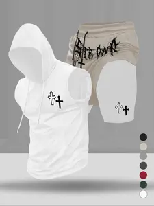 New Men's Fashion Graphic Print Set, Hooded Drawstring Vest and Two-Piece Shorts with Pockets, Adjustable Waistband, Summer Casual Sportswear, Casual Gym Wear