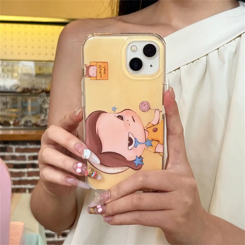 Crystal transparent white light IND | Cartoon crying little girl | Yellow background double-layer Protective phone case cover | for Apple 11 12 13 14 15 16 17 Pro Max