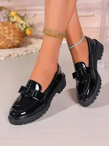 Women's Shiny Thick Sole Loafers with Bow Design, Fashion Slip-On Shoes, Comfortable Casual Footwear for Spring & Fall, Dress Loafers