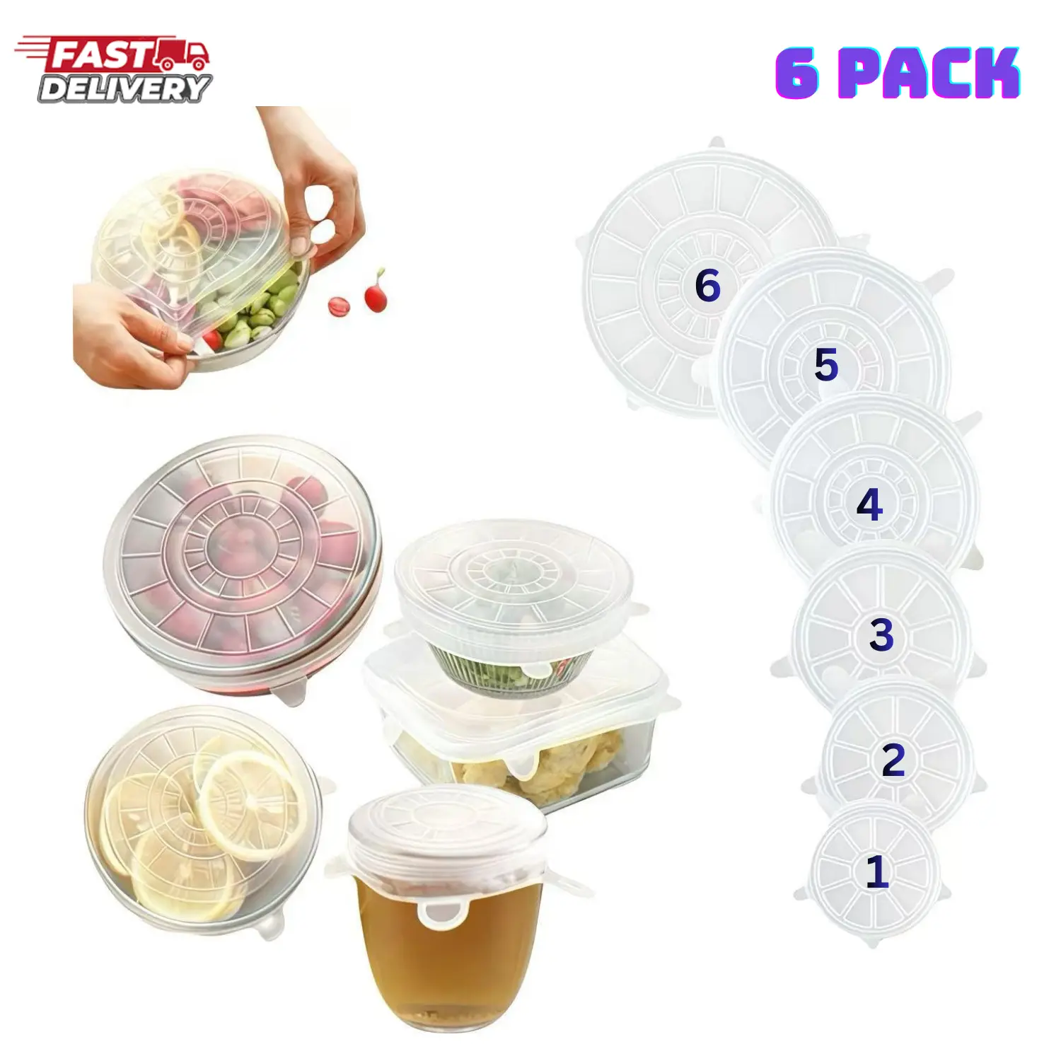 Reusable Elastic Silicone Stretch Lids, for Food Storage in Fridge|Heat Flexible Round Silicone Bowl Covers,for Round and Rectangle Containers 6PC