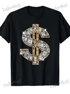 Men'S And Women'S Vintage Money Motivational T-Shirt Dollar Bill Dollar Sign & Cash Design with Golden Chains & Banknotes - Casual Streetwear for Casual Attire, All-Season Fit Round Neck Tee for Men And Women - Ideal Gift for Financ