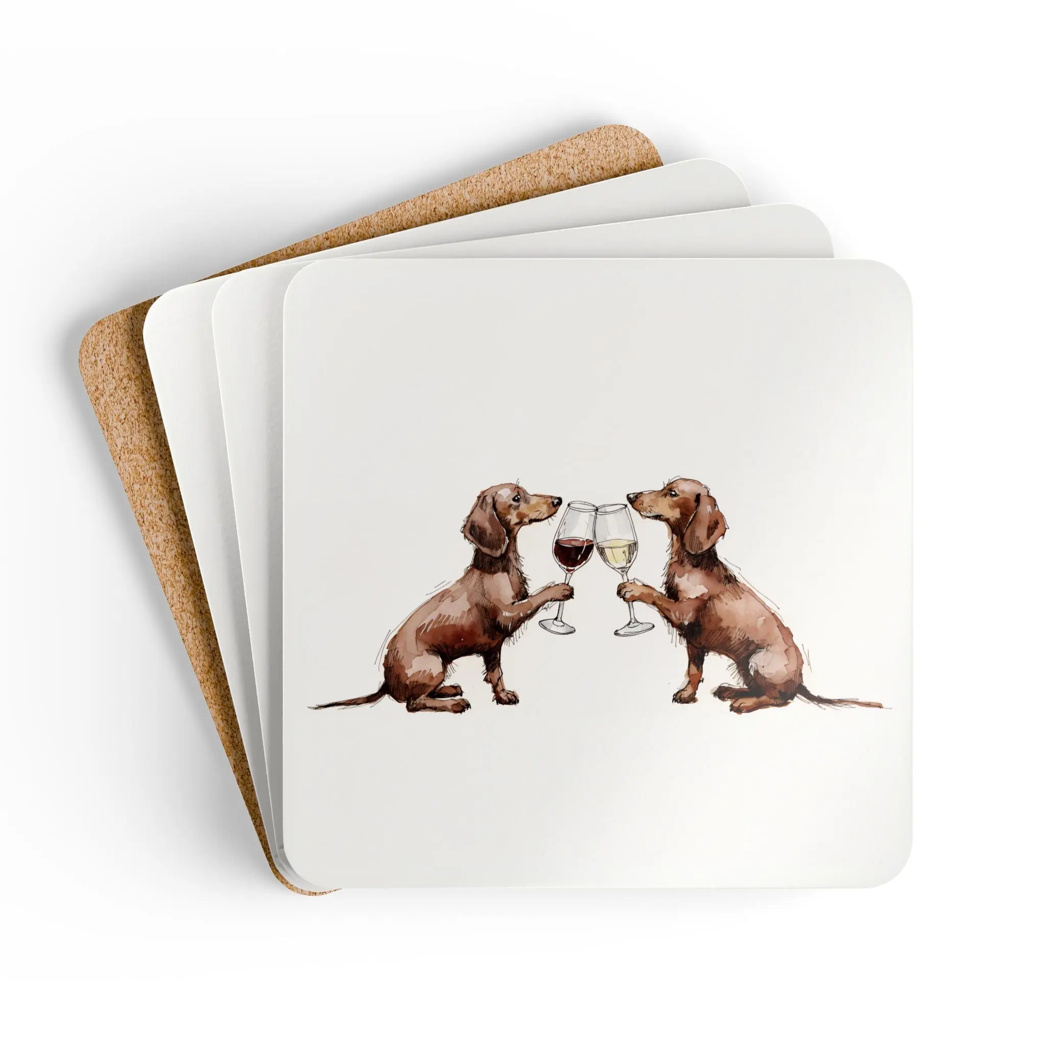 Dachshund Watercolor Art Print Square Coffee Coaster Set - 4-Piece 4x4 Inches Hardboard with Gloss Finish, Kitchen Tableware Accessory for Coffee Table, Bar Cart, Four Pieces