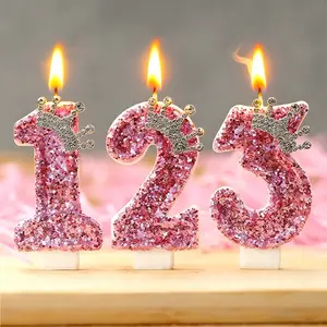 1pcs Birthday Digital Candle, Pink Crown Birthday Candle Cake, Flash Digital Candle Cake Decoration with Sequins for Girls, Ladies, Anniversary Celebration Supplies