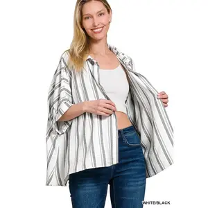Zenana Woven Yarn-Dye Stripe Oversized Button Down Shirt