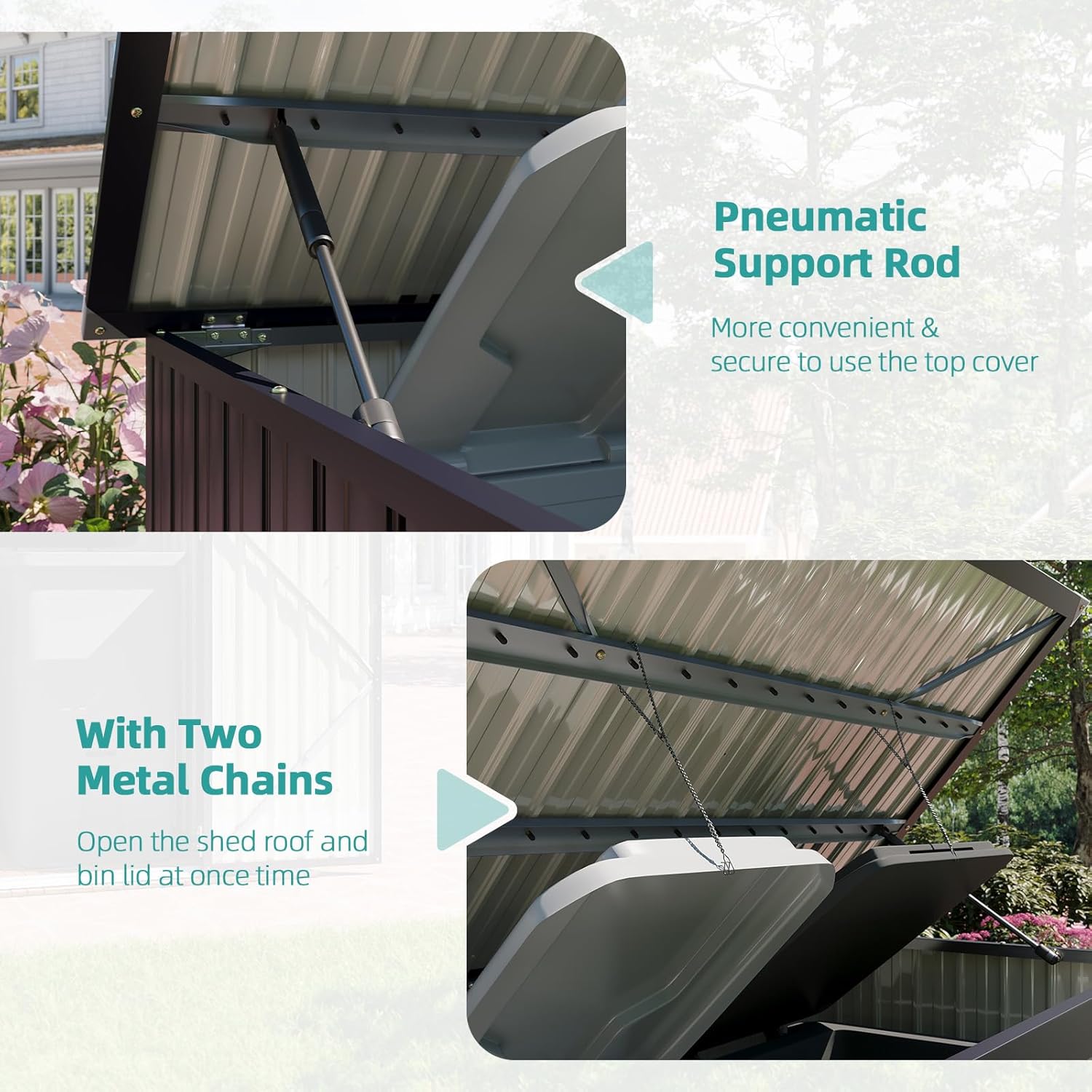 oneinmil Aoxun Outdoor Trash Can Storage Shed 80 Cu Ft Metal Garbage Bin Organizer with Chain Lid Waterproof Enclosure for 2 Bins Garden Tools & Toys Black