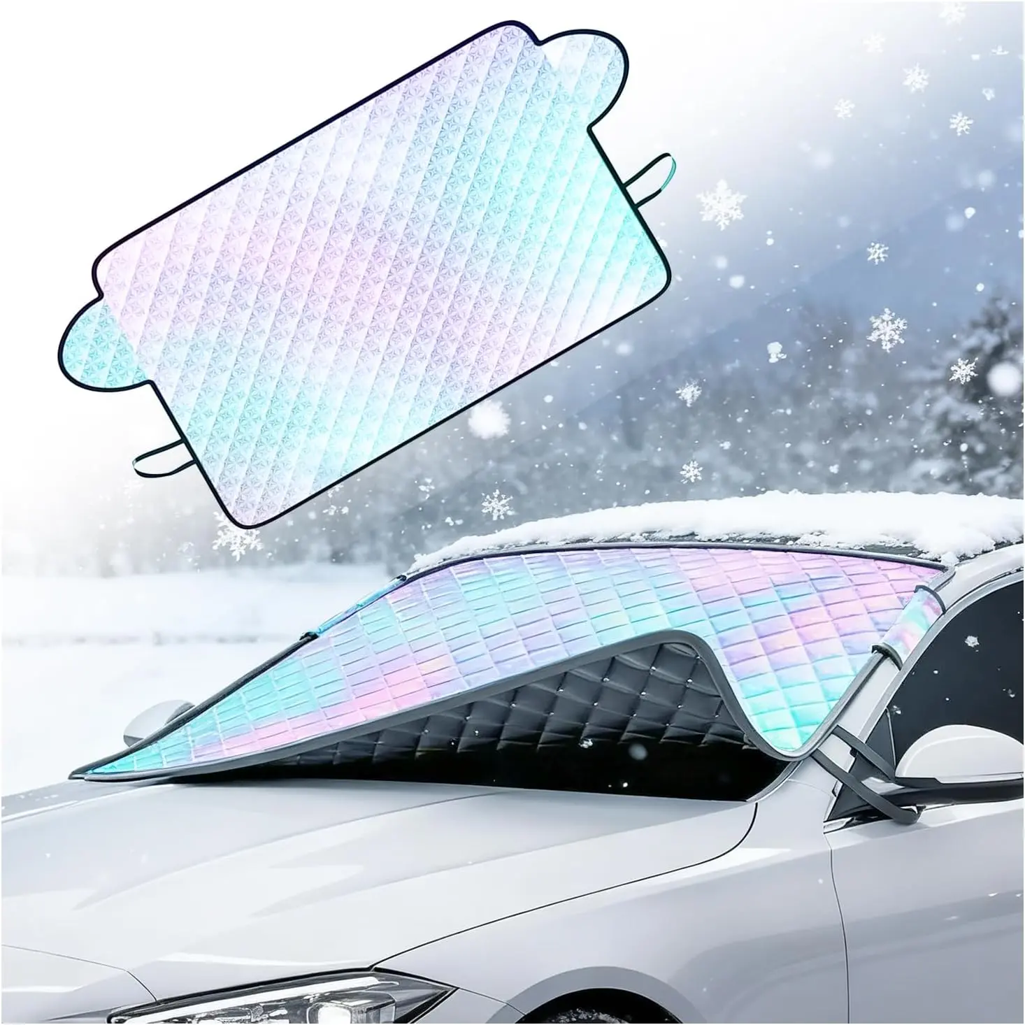 63“ x 46" Laser Car Windshield Cover with 5 Magnet for Ice and Snow Foldable, Universal Folding Protector Front Sunscreen Cool Reflective Visor Protection Weatherproof