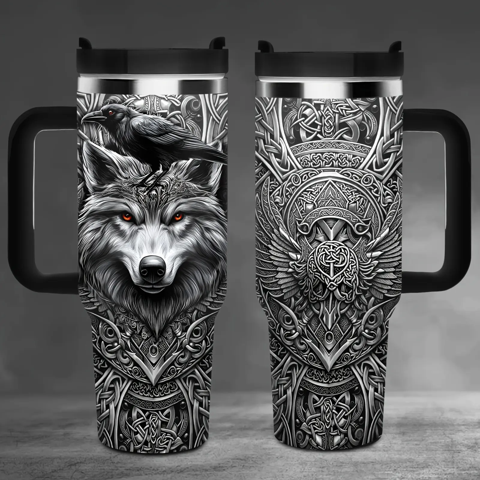 40 oz Viking Themed Stainless Steel Insulated Flask - Wolf & Celtic Knot Classic Design, Portable Vacuum Flask, 7-12 Hours Temperature Retention, Men's Gift for Travel & Outdoor Adventures, Durable Kitchenware Drinkware Container
