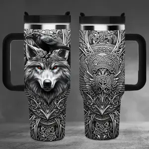 40 oz Viking Themed Stainless Steel Insulated Mug, Wolf and Celtic Knot Design - Perfect Gift for Men, Suitable for Coffee, Travel, and Outdoor Adventures, Durable Beverage Container |   Viking Art Style