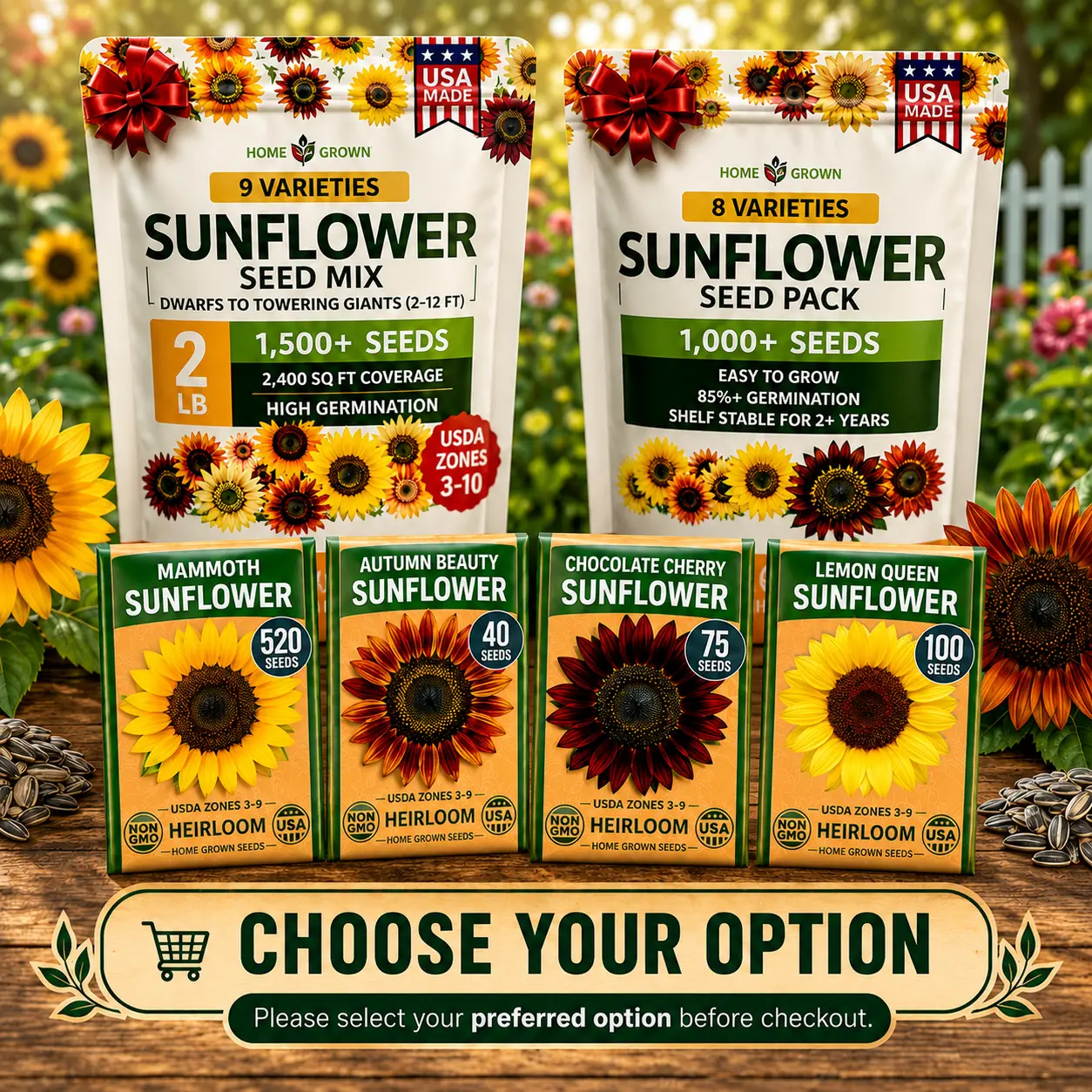 Sunflower Seeds for Planting Outdoors – Heirloom Sunflower Seed Mix, Giant Mammoth & Dwarf Varieties, High Germination, Easy to Grow Garden Flowers for Bees & Pollinators