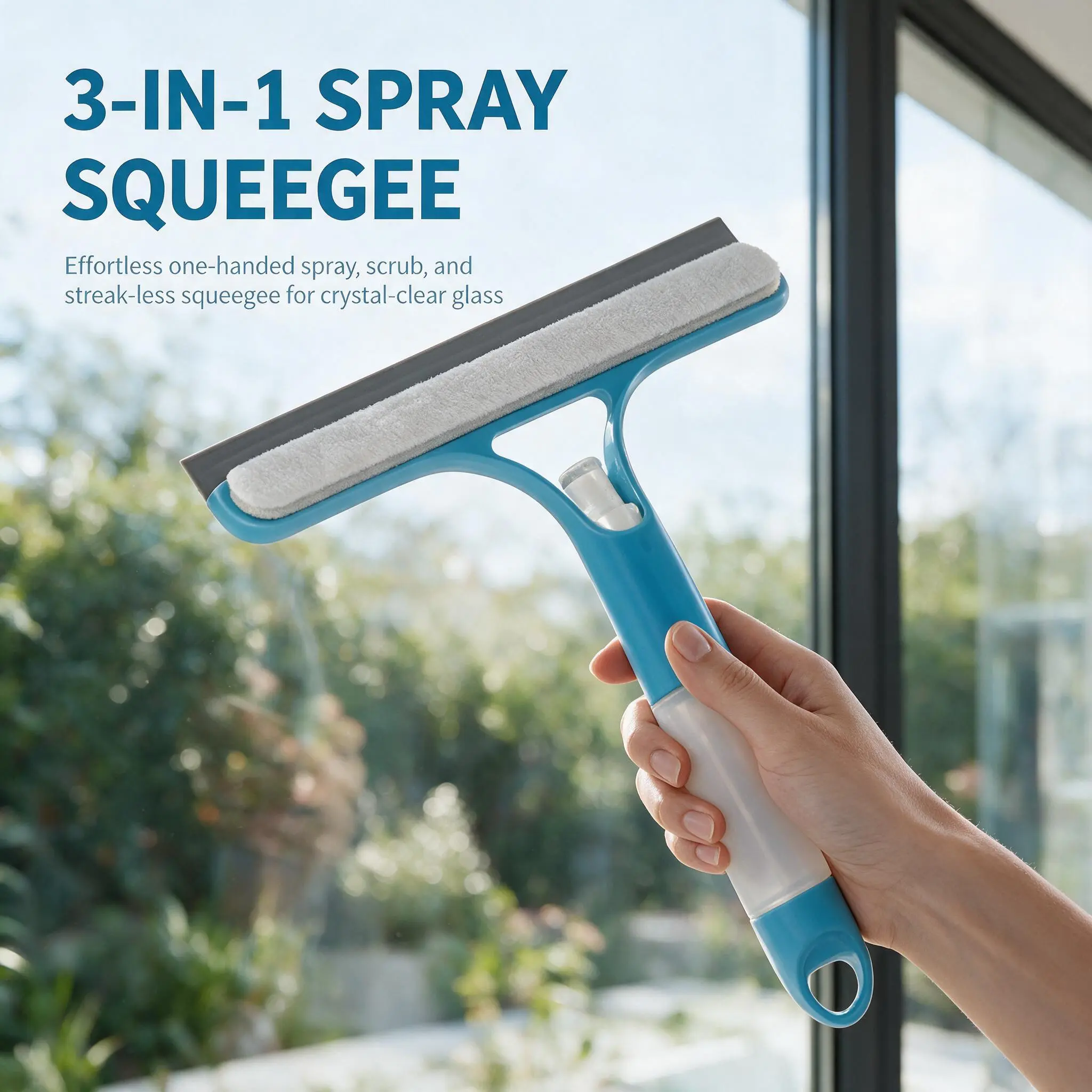 【2026 Newly Upgraded】Becvtoz Multifunctional 3-in-1 Spray Squeegee Window Cleaner - 1-tool cleanup, built-in sprayer, scratch-safe microfiber pad, steel blade, hands-free flat mop set for streak-free glass, mirror cleaning (spray + wipe + squeegee)