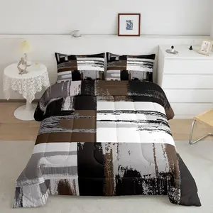 Abstract Art Brown Grey Black White Comforter Set,Queen Size Geometric Comforter,Bedding Set,Stripe Line Duvet Set,Room Decor Quilt Set