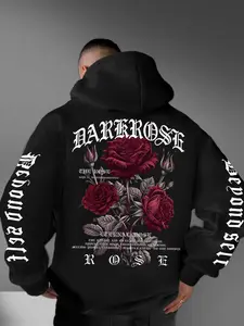 Men's Casual Loose Hooded Goth Sweatshirt, Gothic Hoodies, Classic Simple Letter Flower Print Fleece Pullover, Long Sleeve Fall & Winter Fashion