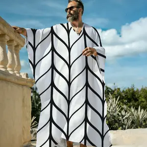 Men's Natural Texture Print Vacation Pullover Caftan Robe, Organic Wood Grain Stone Graphic Long Sleeve Closed Front Kimono Cover Up, Lightweight Beach Pool Lounger Robe, Resort Sleep Shirt for Men