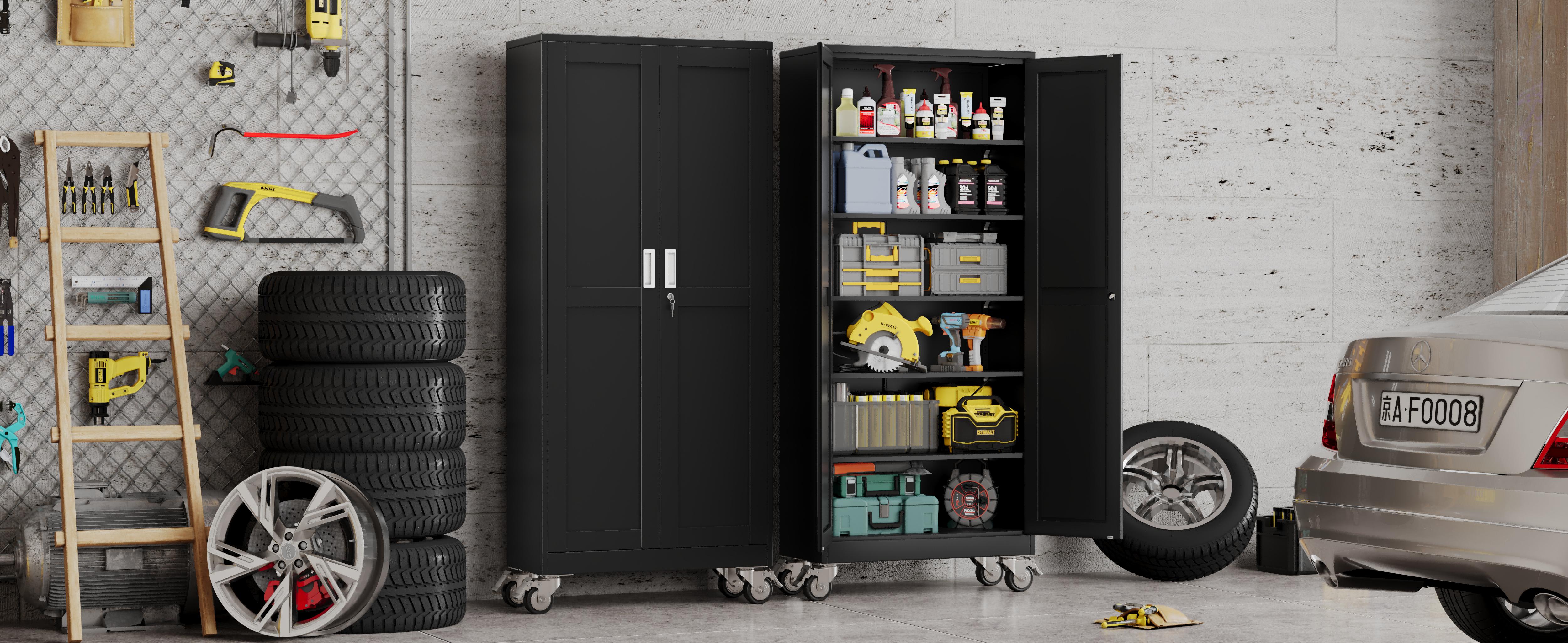 Heavy-Duty Metal Storage Cabinet with Wheels, 2-Door Steel File Cabinet with 5 Adjustable Shelves for Garage, Home Office & Warehouse Heavy-Duty Metal Storage Cabinet with Wheels, 2-Door Steel File Cabinet with 5 Adjustable Shelves for Garage, Home Office & Warehouse