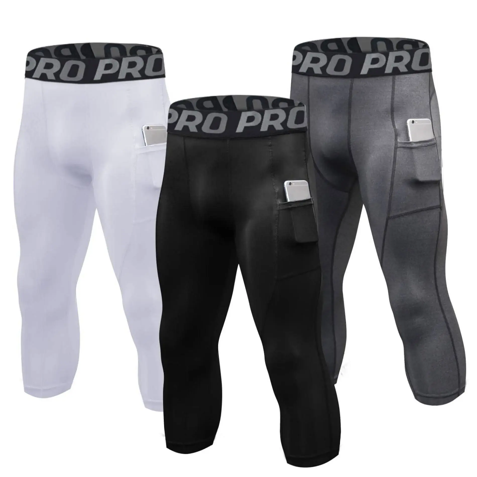 3 Pack Compression Pants for Men 3/4 Capri Leggings Quick Dry Workout Running Gym Tights Bottom with Pockets