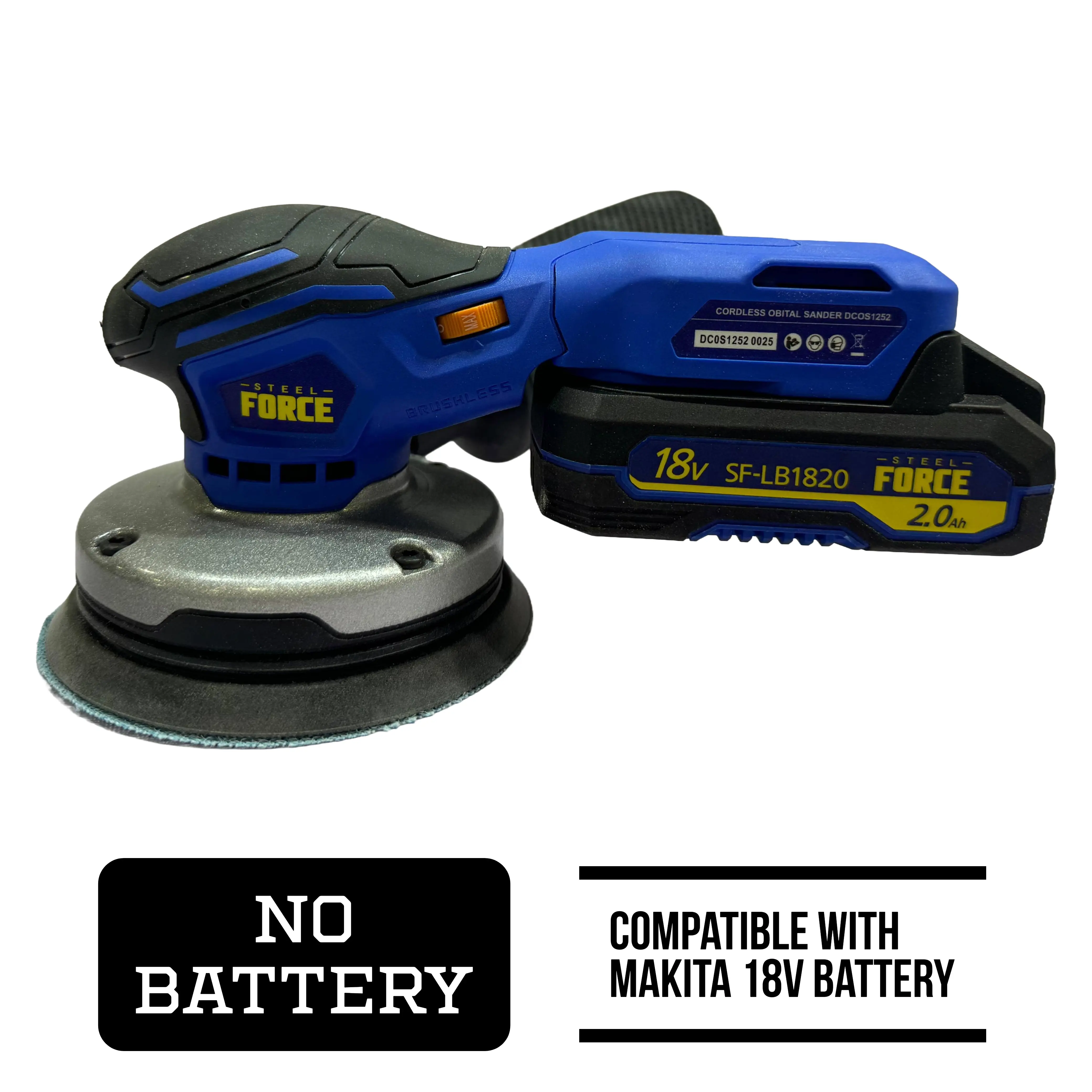 Steel Force Brushless Cordless Orbital Sander (Makita 18V Compatible, No Battery) - 12000 RPM, 6 Variable Speeds, Dust Collector - Hardware Power Tool for Woodworking Sanding