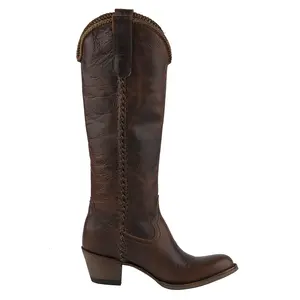 Lane Womens Plain Jane Braided Round Toe Casual Boots Knee High Low Heel 1-2" - Brown