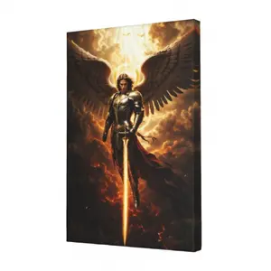 Bible Story Canvas Wall Art Heaven Guardian Archangel Michael in Golden Armor,Wall decorations, suitable for bedrooms, living rooms, kitchens, offices, and bathrooms