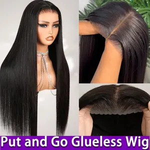 HERSMILE 5X5 Wear Go Real HD Lace Glueless Wigs Human Hair Pre Plucked Pre Cut Real Pre Bleached Knots Raw Vietnamese Hair Straight Wigs Super Doublle Drawn 100% Human Hair Wigs 200% Denisty Full and Soft Human Hair Wigs