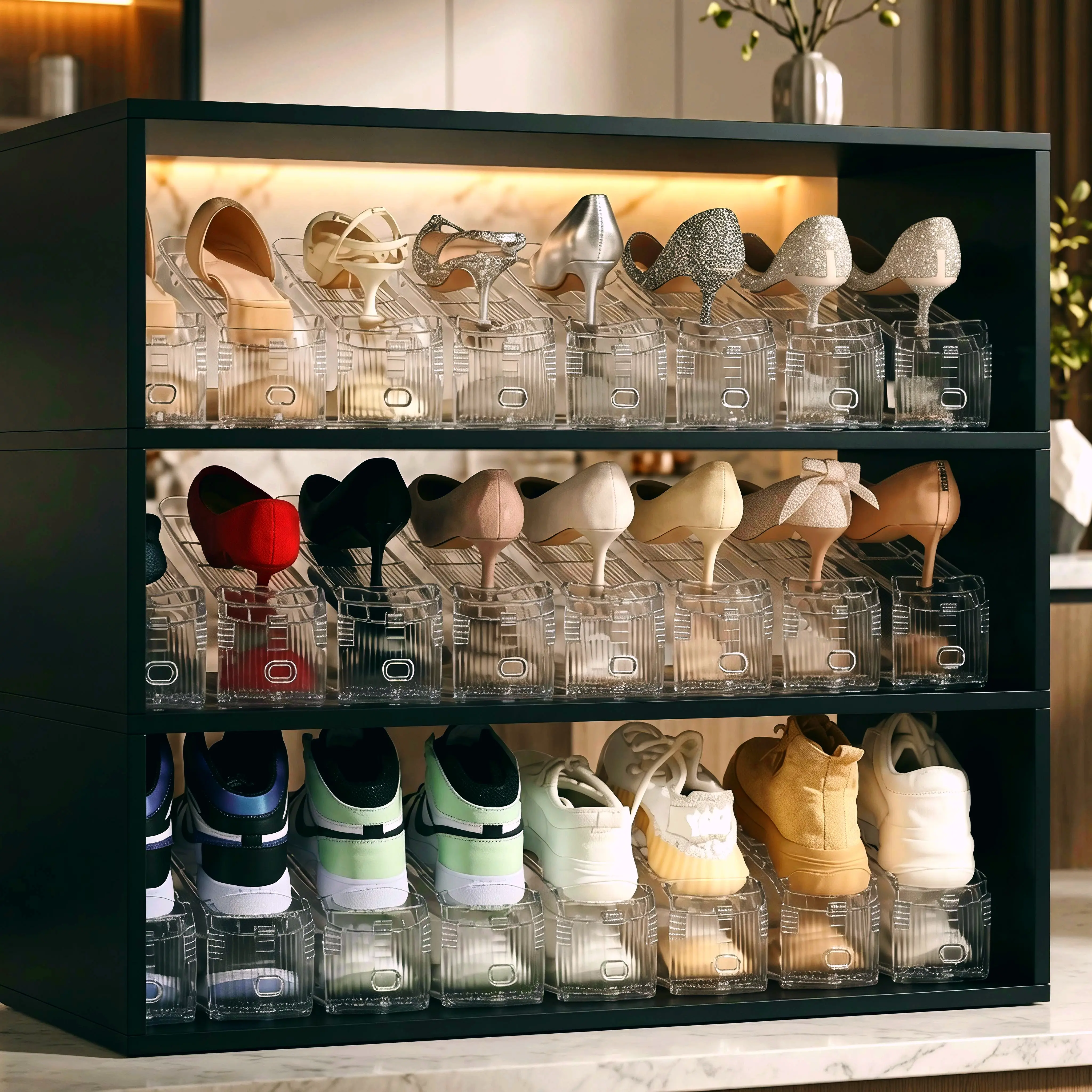 VIREFIRA 12-Pack Transparent Organizer Slots, Adjustable 3-Level Space-Saving Stacker Rack, 0 - 5 Kg Capacity Holder for Closet Cabinet Shoe Storage
