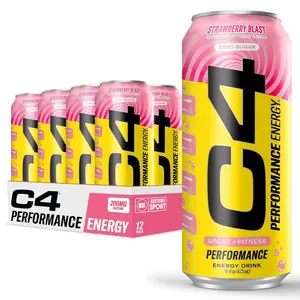 C4 Performance Energy Drink | Strawberry Blast | Zero Sugar Carbonated Preworkout Energy | 200mg Caffeine with Beta Alanine | 16 Fl Oz (12 Pack)