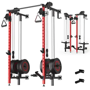 Garvee Folding Squat Rack Power Cage for Home Gym with Wall Mounted Power Rack, Pulley System, and Pull Up Bar - Compact Fitness Equipment Ideal for Small Spaces, Garage, and Apartments in Red