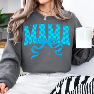 Blue checkered Mama crew tee