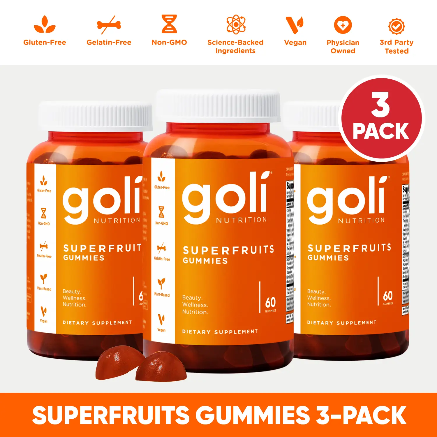 3 Bottles of Goli SuperFruits Beauty Gummy Vitamin - Collagen, Mixed Fruit, Vega...