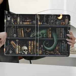 Dragon on Vintage Bookshelf Tablet Case with Auto Wake/Sleep, Shockproof Full-Body Protection Book-Style Stand Cover with Pencil Slot, Fits 7.9/8.3/10.2/10.5/10.9/11/12.9/13 Inch Tablets, Durable Case for Home Office School, Ideal Gift for Fantasy & Dark