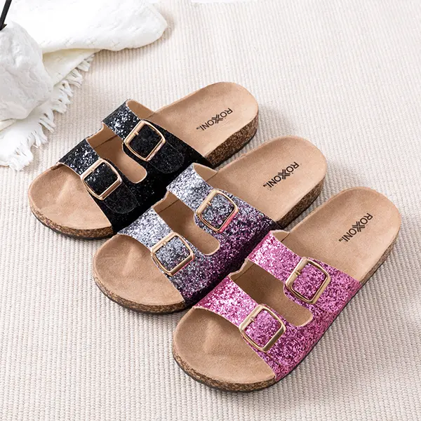 Roxoni Women's Gliters Comfort Flat Sandals Open Toe Velcro Buckle Straps Summer Casual Chic Glitter Finish Soft Suede Footbed