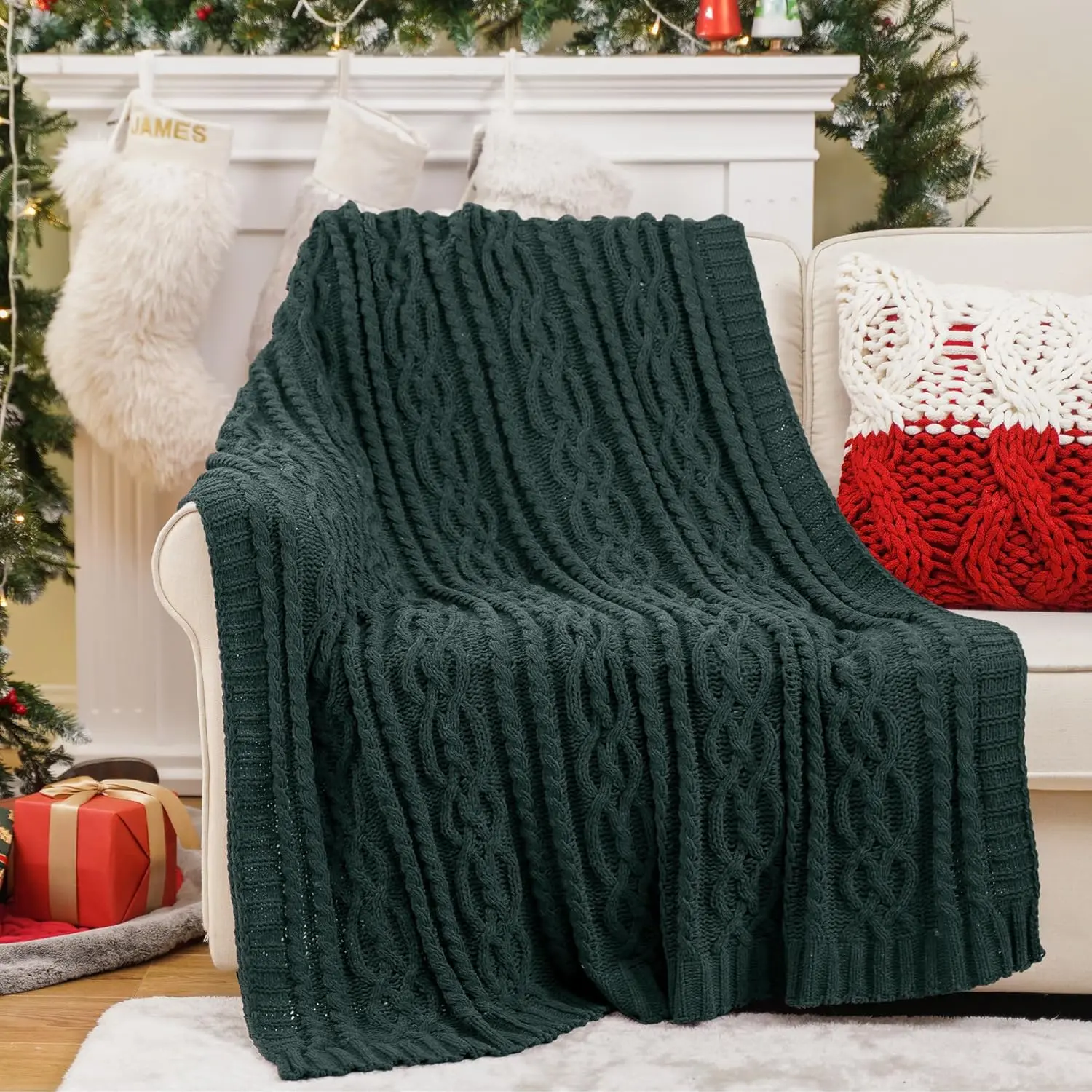 Christmas Dark Green Throw Blanket for Couch, Woven Chenille Knit Throw Blanket Versatile for Chair, 51 x 67 Inch Super Soft Warm Decorative Textured Blanket for Bed, Sofa and Living Room