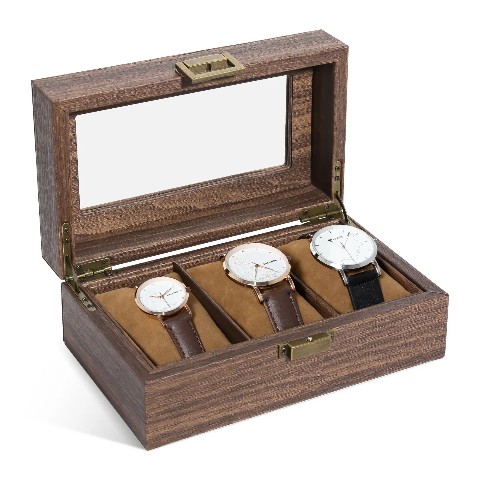 Elegant Wooden Watch Box with Glass Lid for 3 Watches, Brown Interior, Secure Closure, Perfect for Storage and Display