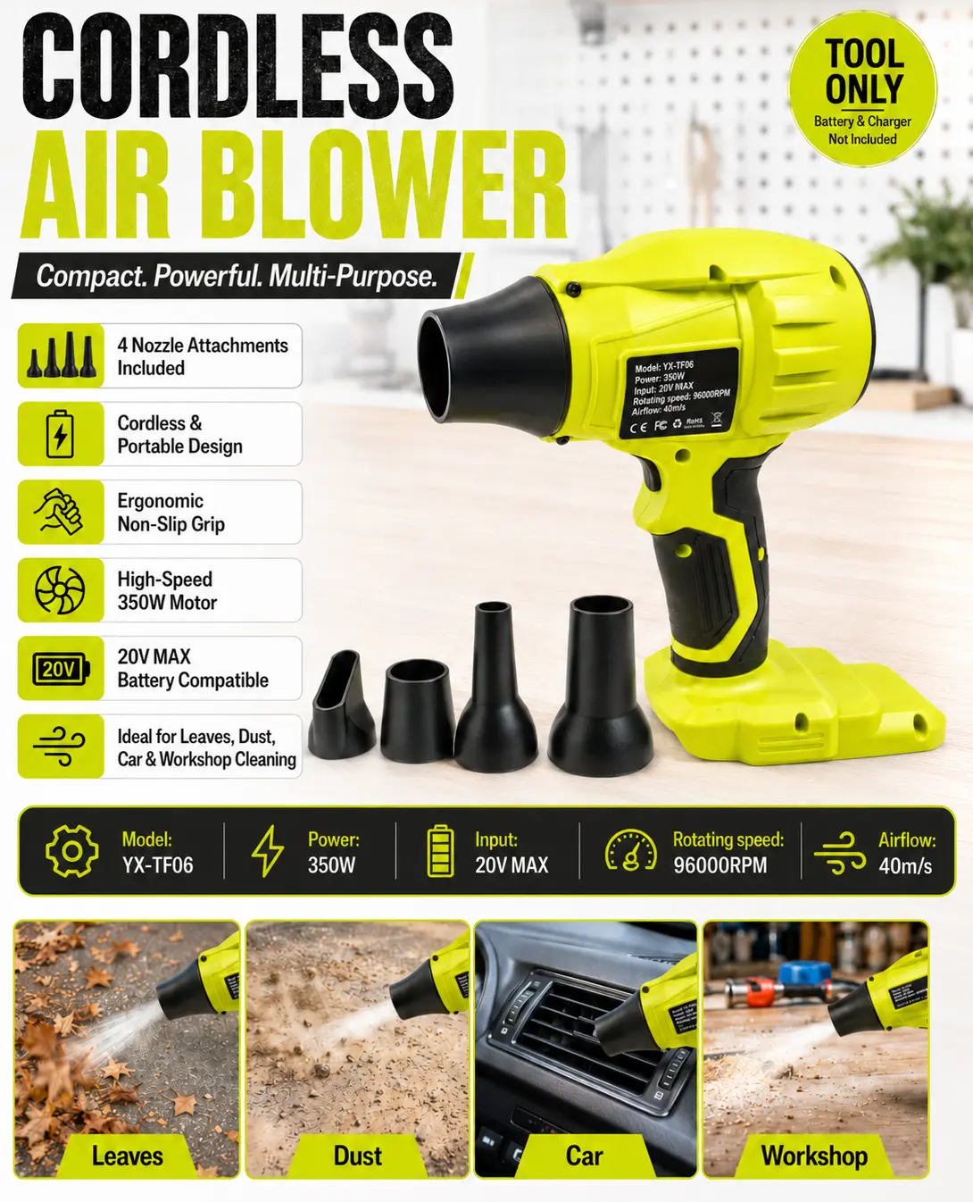 Cordless Air Blower Compatible with DeWalt 20V Max Batteries, Handheld Jet Fan for Dust, Leaves, Patio & Workshop Cleaning, Tool Only