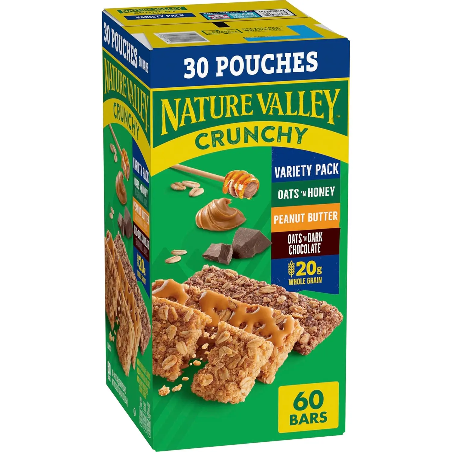 Crunchy Granola Bars, Value Pack, 60 ct, 44.7 oz | Oats & Honey and Peanut Butter Varieties, 2-Bar Pouches, Whole Grain Oats, No Artificial Flavors