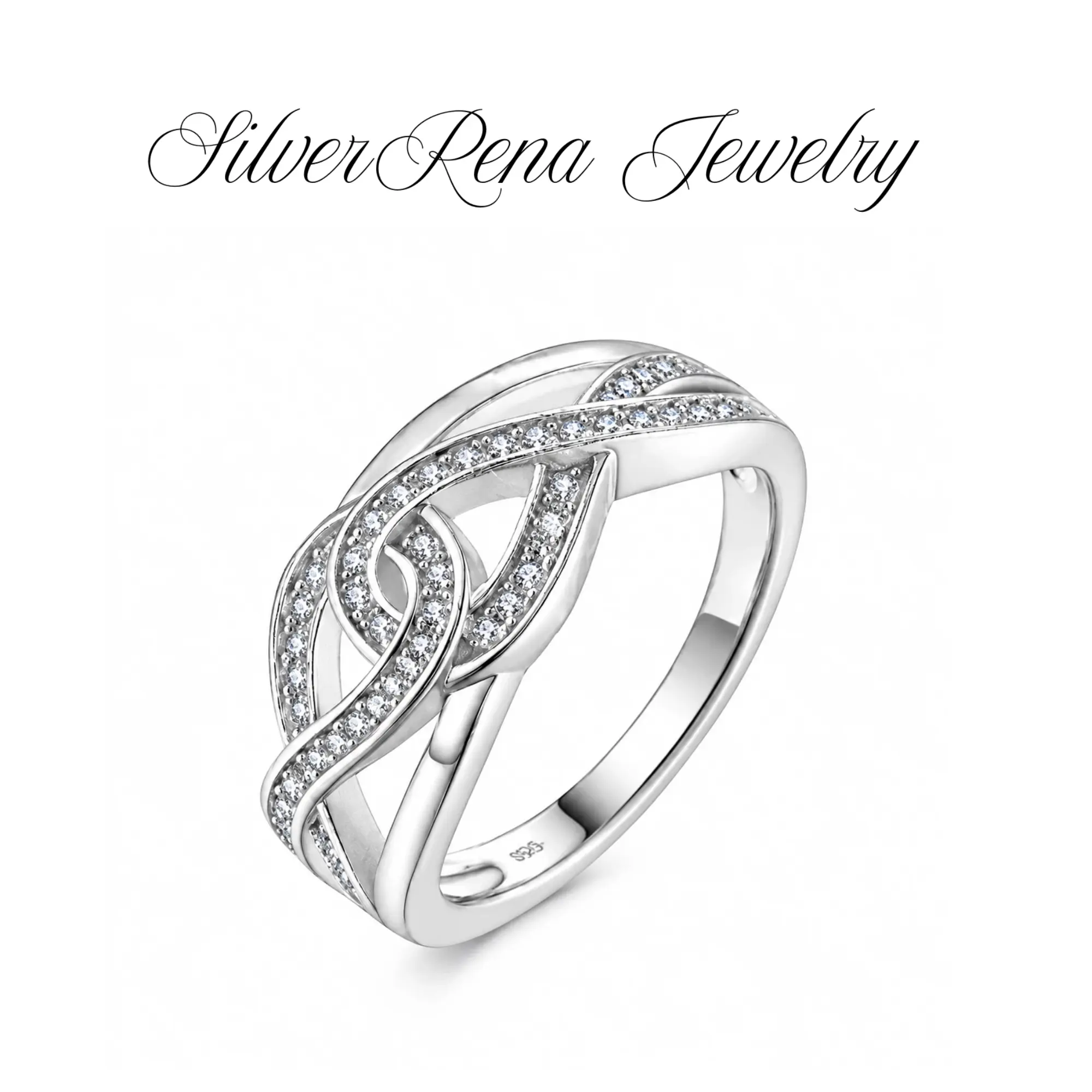Women's S925 Sterling Silver Curved Twist Infinity Ring - Sparkling Paved Interwoven Open Band with Leaf Motif, Hypoallergenic Fine Jewelry Gift for Daily Wear, Sizes 6-10