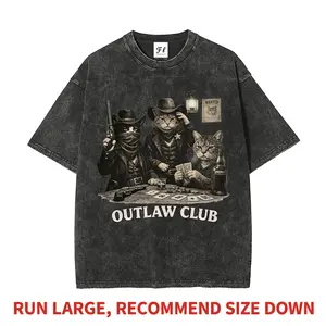 Men's T-Shirt, Vintage Cowboy Cat Graphic, Soft Heavyweight Washed Cotton, Stylish Oversized Short Sleeve for Streetwear