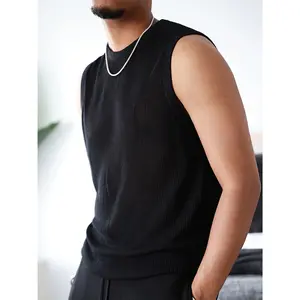 Men's solid-color sleeveless knitted sweater vest, casual, comfortable, and stylish vest. Tops Black Menswear Gilet Tropical Beige Plain Wetsuit Crewneck