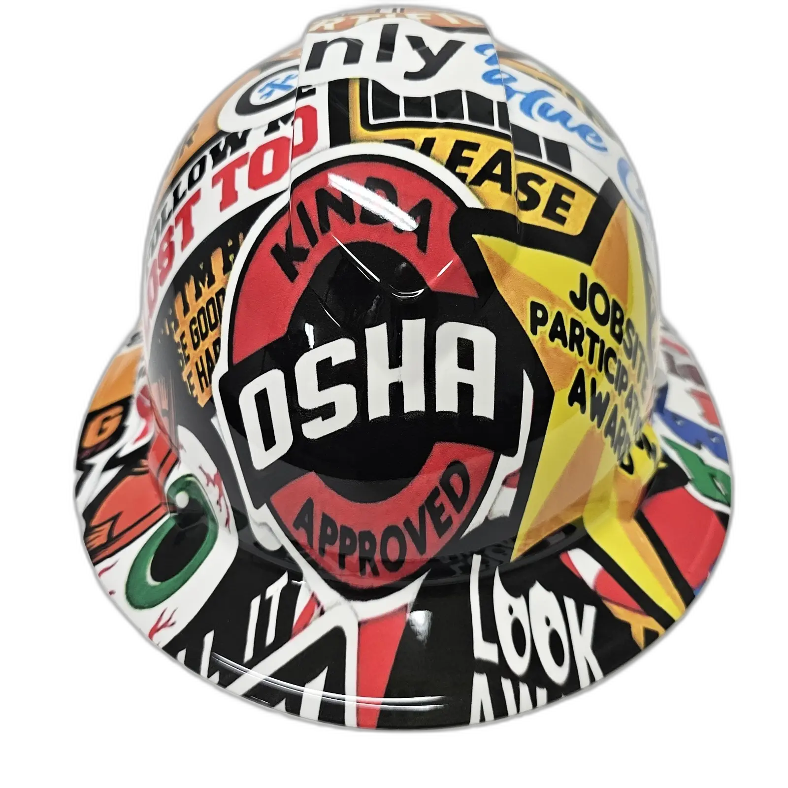 Construction Sticker Bomb Art - Custom Hydro Dipped Full Brim Hard Hat
