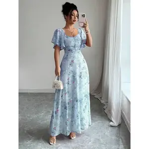 Women's chiffon butterfly print bat sleeve pleated sweet linen dress, summer styleRAIMENTRY