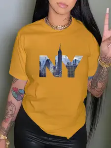 Women's Letter & NYC Skyline Print Fitted Round Neck Tee, Fashion Casual Streetwear Short Sleeve T-shirt for Daily Wear, Casual Everyday Top, Ladies Summer Clothes, Top