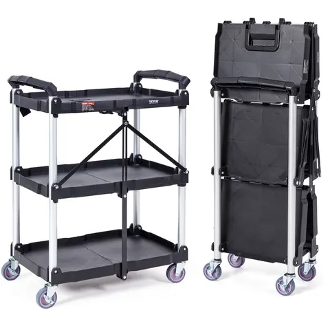 VEVOR Heavy-Duty PVC Tool Utility Cart, 3-Shelf Durable Storage Organizer with Racks, 550 lbs Capacity, Lockable 360° Swivel Quiet Casters, 2 Brakes, Foldable Easy-Clean Polypropylene for Office, Warehouse