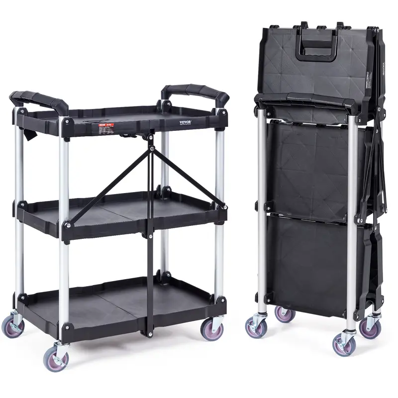 VEVOR Heavy-Duty PVC Tool Utility Cart, 3-Shelf Durable Storage Organizer with Racks, 550 lbs Capacity, Lockable 360° Swivel Quiet Casters, 2 Brakes, Foldable Easy-Clean Polypropylene for Office, Warehouse