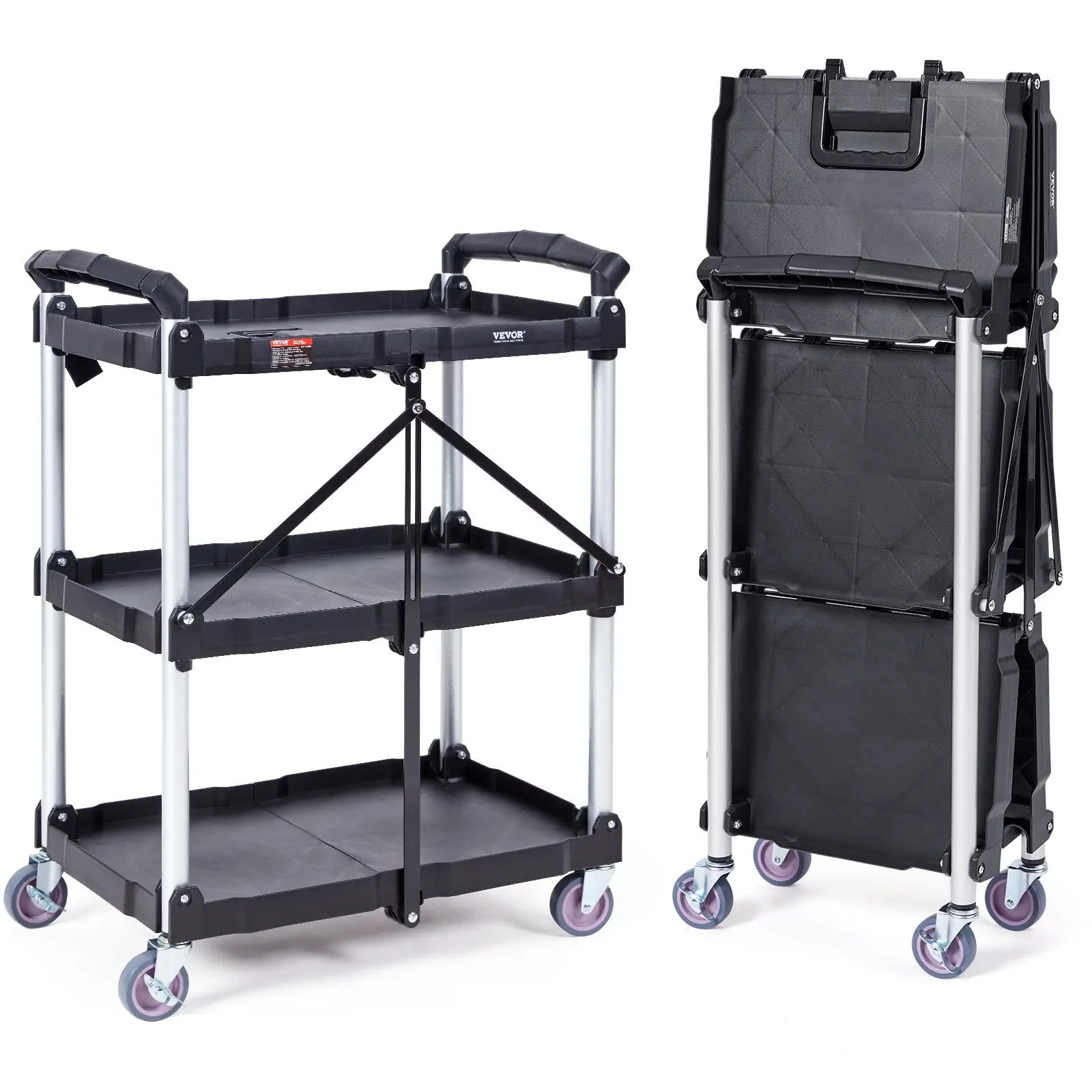 VEVOR Foldable Utility Service Cart, Various specifications, 3 Shelf Heavy Duty Plastic Rolling Cart with Lockable Wheels, Ergonomic Handle, Portable
