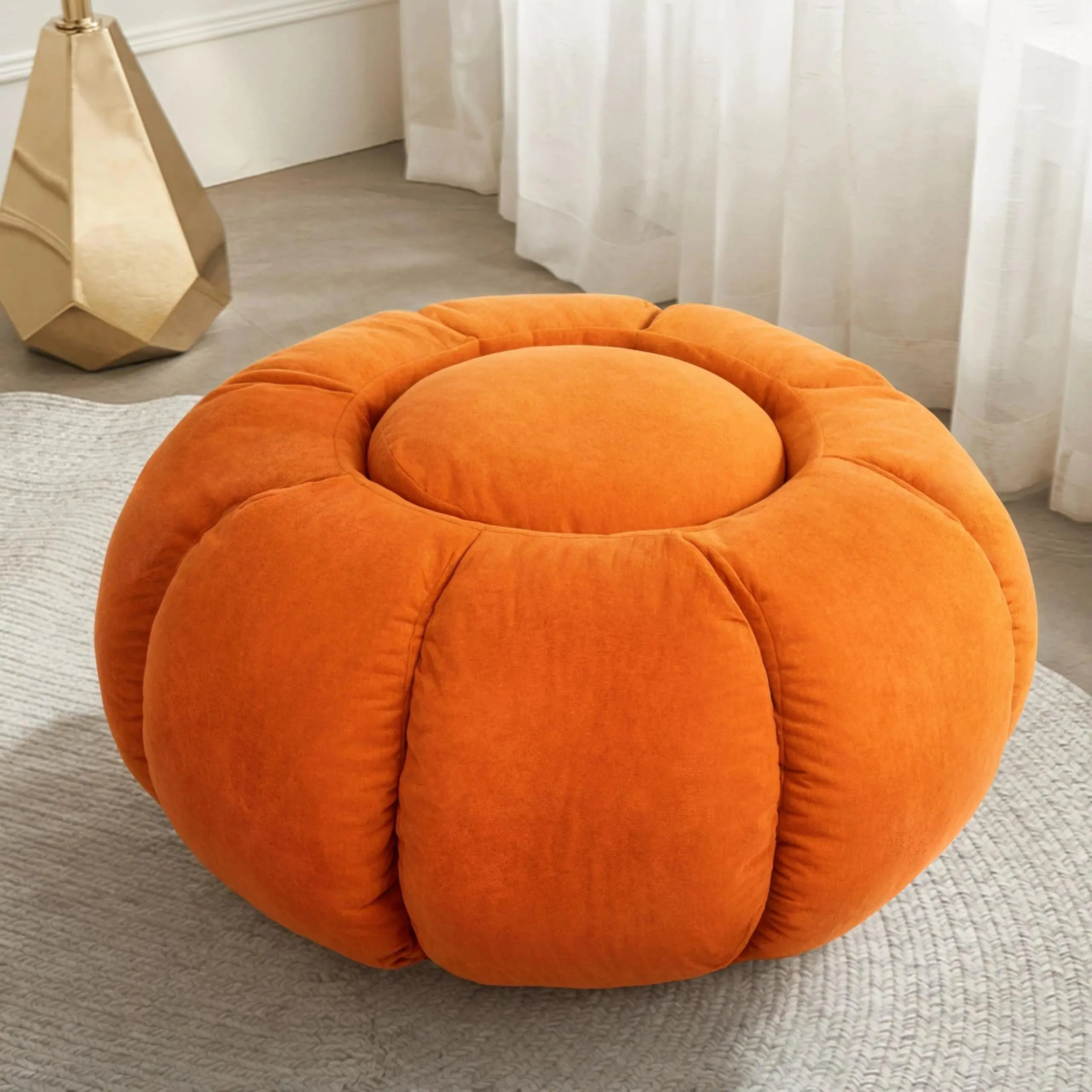 Dutch Velvet Pumpkin Pouf Ottoman - 33-inch Round Foam Padded Footrest Stool, Soft Stylish Floor Seat for Living Room, Dorm, Decorative Accent Indoor Furniture (50 lbs Capacity), Decorative Accent Furniture