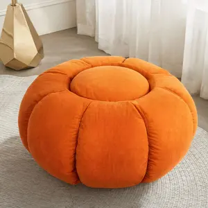 Soft Velvet Pumpkin Pouf Ottoman, Round Padded Footrest Stool, Stylish Floor Seat for Living Room, Bedroom & Dorm, Cute Decorative Accent Furniture