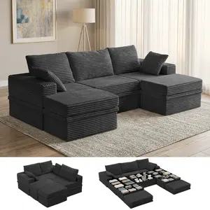 【3 Packages Shipping】NABUMI 107" Modular Sectional Sofa with Storage, Oversized U-Shaped Cloud Couch with Ottoman, 27" Deep Seat Memory Foam Corduroy 5-Seater Couches, Free Combination, Tool-Free Assembly, Black, Beige, Dark Gray, Green