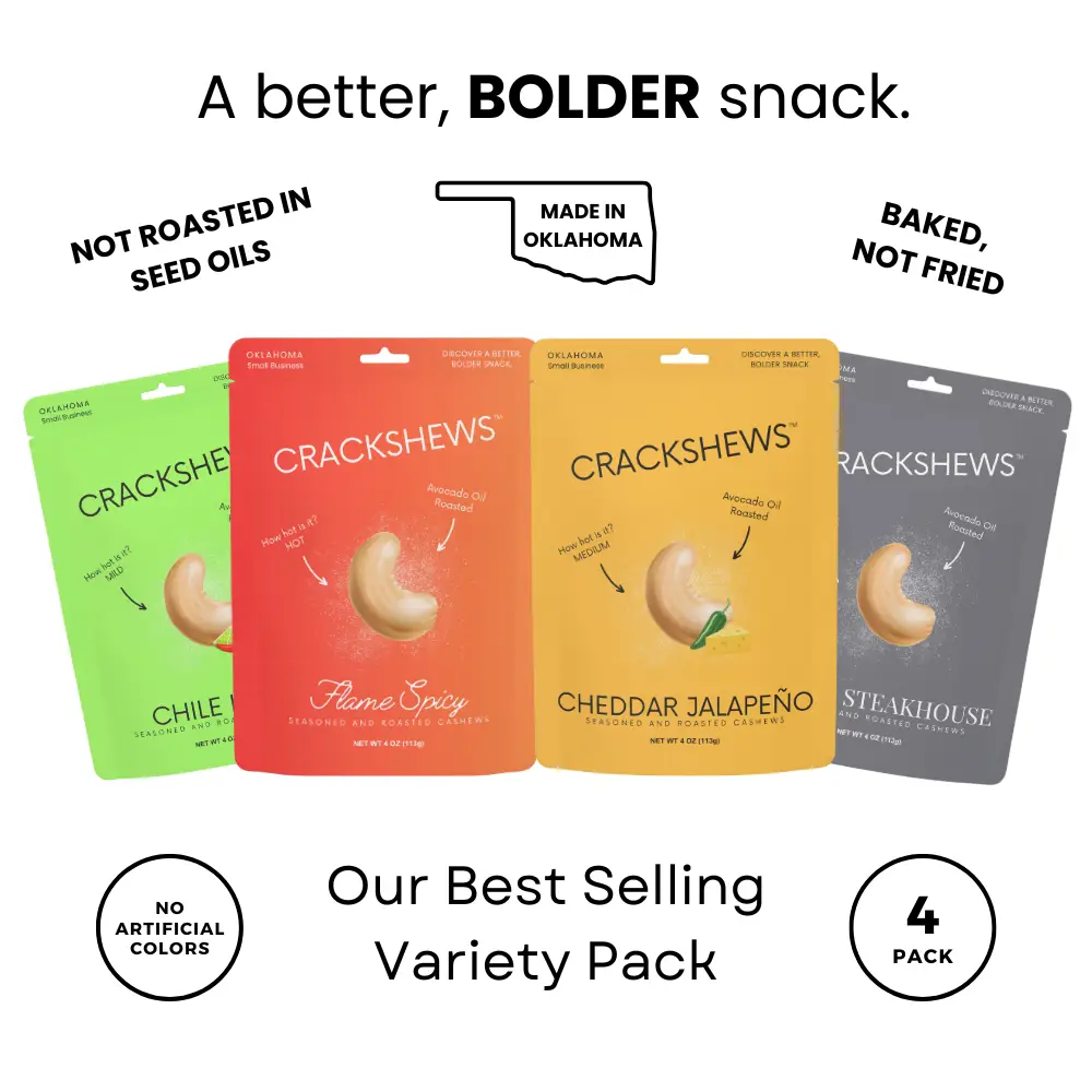 Crackshew Variety 4 Pack - Cashew Snack 4 Pack - Flame Spicy, Chile Lime, Cheddar Jalapeno, Smoke Steakhouse. Roadtrip snacks, cashews, Protein snack
