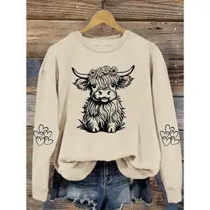 Women'S Casual Crew Neck Sweatshirt with Cartoon Cow Print, 100% Polyester Knit Fabric, 250gsm, Winter & Fall Fashion Top